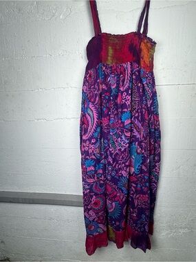 Chaudry Floral paisley vibrant  tiered  Boho Smocked Sleeveless Size M India HTF